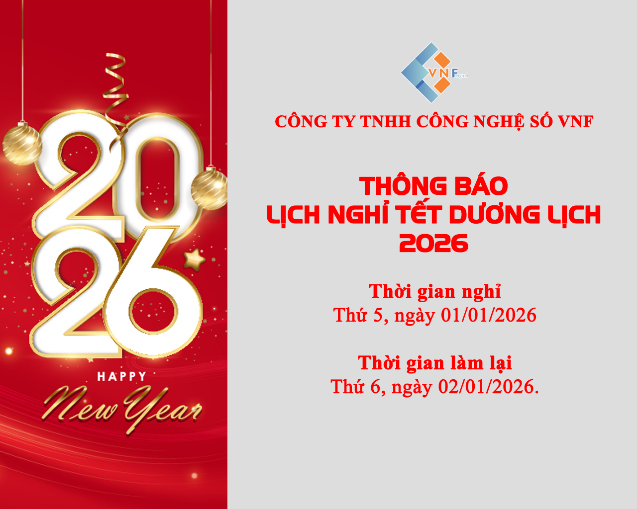 Lịch nghỉ tết dương lịch năm 2026 - Công ty VNF