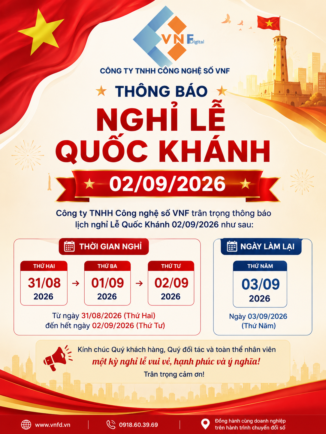 Lịch nghỉ lễ 2/9 Công ty TNHH Công nghệ số VNF